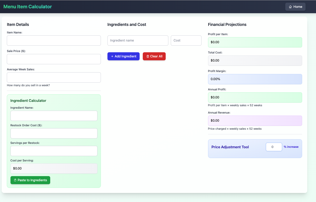 Menu Item Pricing Tool